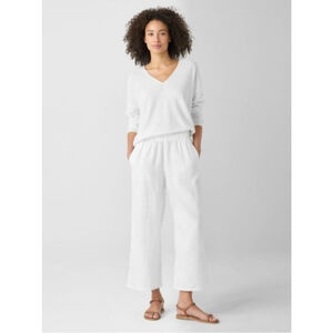 EILEEN FISHER Organic Linen Wide Leg Cropped Pull-on Pants XS White
